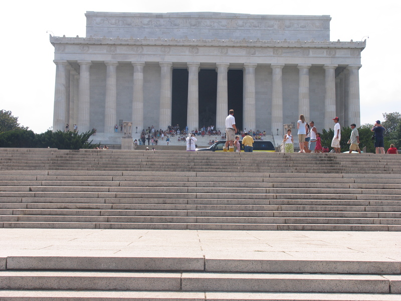 From the bottom of the steps.